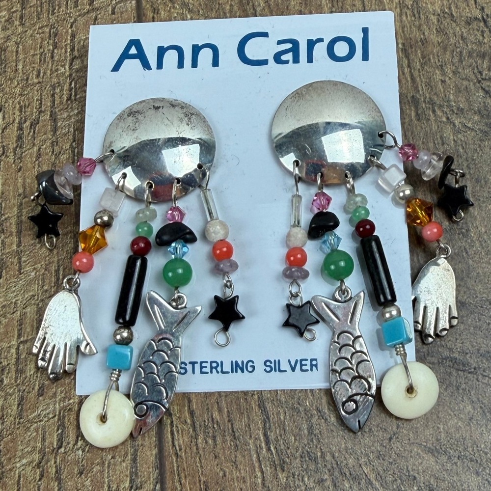 Ann Carol Sterling Silver Multistone Chandelier Earrings Fish Hand Charm